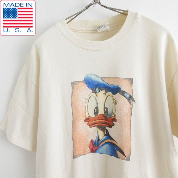 90's USA製 ディズニー ドナルドダック 半袖Tシャツ L クリーム系 ヘインズ コットン アメリカ製 ビンテージ d144