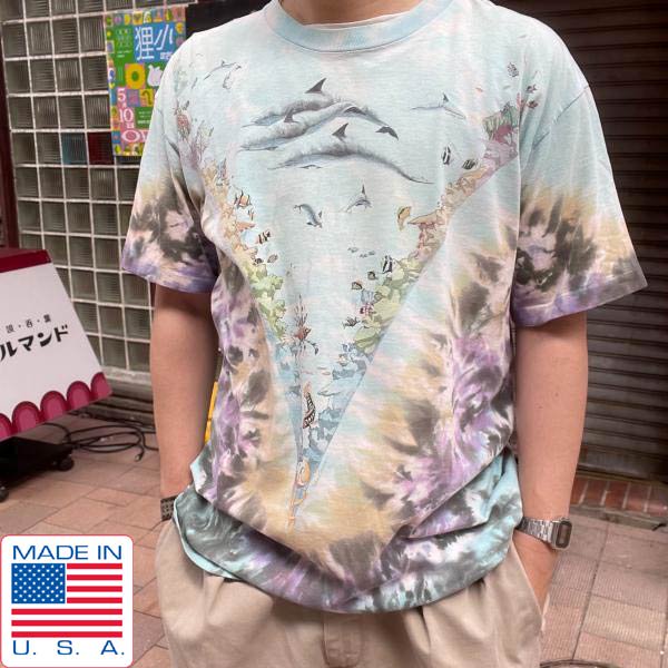 90's USA製 LIQUID BLUE イルカ クジラ 魚 海洋プリント タイダイ染め 半袖Tシャツ XL アメリカ製 ビンテージ d143
