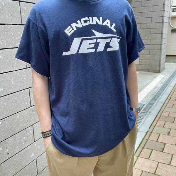 ENCINAL JETS アメリカ 高校 ダブルフェイス 半袖Tシャツ 紺系×白 L程度 丸胴 クルーネック d143