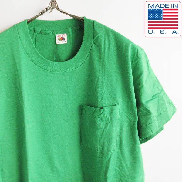新品 80's USA製 フルーツオブザルーム ポケット付き 半袖Tシャツ 黄緑 