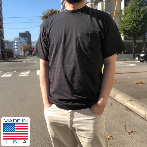 90's USA製 BVD ポケット付き 半袖Tシャツ 黒 L ブラック 片ポケ ポケT 袖 裾 シングルステッチ アメリカ製 ビンテージ d143