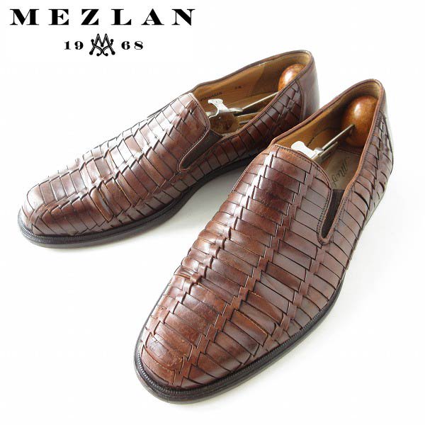 高級品 Mezlan 編み込みレザー スリッポン サイドゴア シューズ 茶系 26cm アイビー アメトラ メンズ 靴 d126