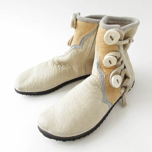 美品 一点物 ハンドメイド 本革 モカシン ブーツ クリーム系 レディース24cm インディアン ヒッピーブーツ 靴 d118