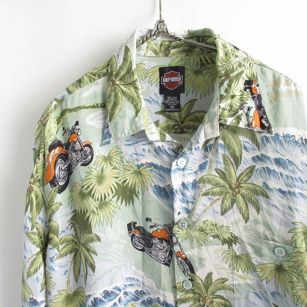 ハーレーダビッドソン×トリリチャード シルク 総柄 アロハシャツ 半袖 XL バイク ヤシの木 浜辺 ハワイアン d143