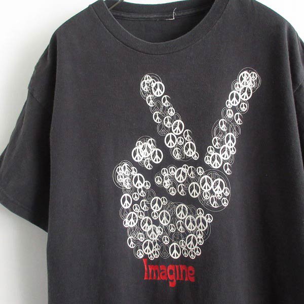Imagine イマジン ピースサイン 半袖Tシャツ 黒 L程度 コットン ブラック ピースマーク ジョンレノン d143