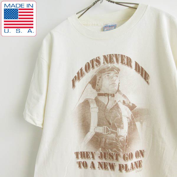 90's USA製 パイロット プリント 半袖Tシャツ クリーム系 M程度 All