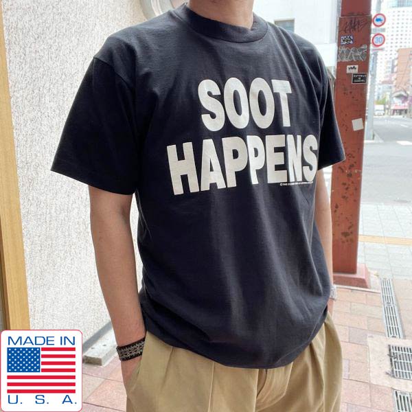 90's USA製 SOOT HAPPENS 企業物 Tシャツ 黒 L ブラック 袖 裾 シングルステッチ アドバタイジング アメリカ製 ビンテージ  d143 - 札幌 ビンテージ 古着屋 BRIDGE（ブリッジ） ビンテージ古着 通販サイト | オンラインストア