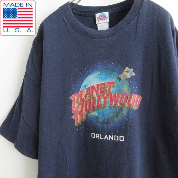 90's USA製 PLANET HOLLYWOOD ORLAND デカロゴ 半袖Tシャツ 紺系 XXL