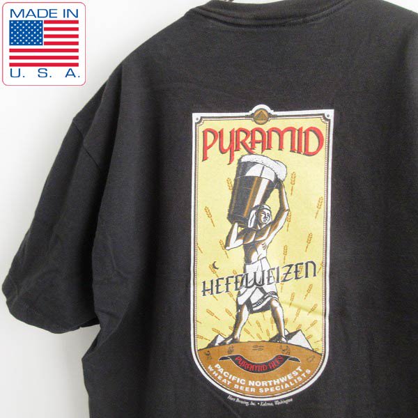 90's USA製 PYRAMID ALE 企業物 半袖Tシャツ 黒 L ブラック アドバタイジング ビール アメリカ製 ビンテージ d143