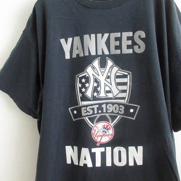 MLB NY ニューヨークヤンキース NATION 半袖Tシャツ 紺系 XL程度 メジャーリーグ 野球 丸胴 コットン d143