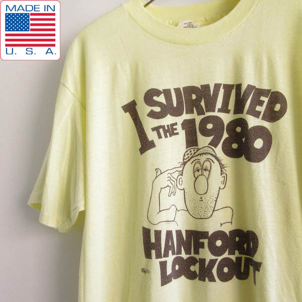 80s USA製 染み込みプリント 風刺 半袖Tシャツ 黄色系 L程度 イエロー Hanes ヘインズ アメリカ製 80年代 ビンテージ D145