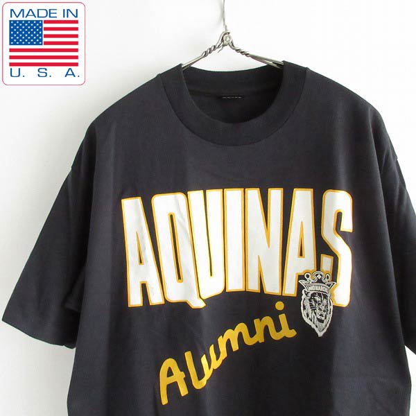 90s 新品 USA製 AQUINAS カレッジプリント 半袖Tシャツ 黒 L シングルステッチ アメリカ製 デッドストック ビンテージ D143