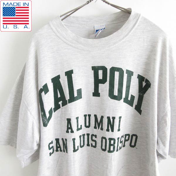 良雰囲気 90s USA製 ラッセル CAL POLY 3段 カレッジプリント 半袖Tシャツ XL 杢グレー系 アメリカ製 ビンテージ d144