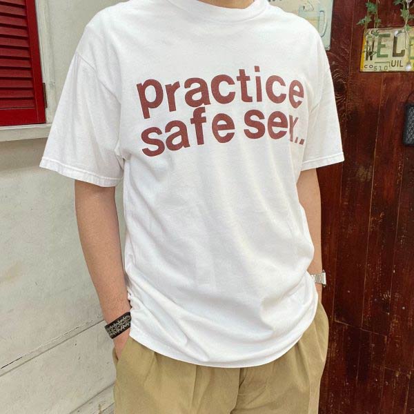 90s Practice safe sex 半袖Tシャツ 白 L 両面プリント Hanes ヘインズ 丸胴 クルーネック d143