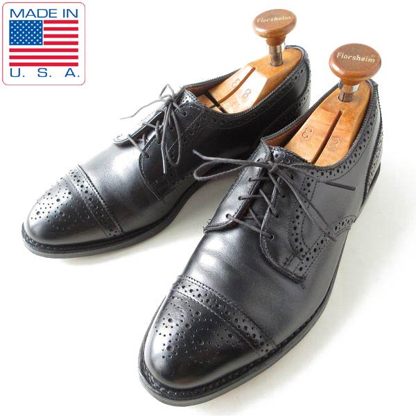 美品 USA製 アレンエドモンズ セミブローグ 黒 7.5D 25.5cm キャップトゥ アメリカ製 メンズ 靴 高級品 D146