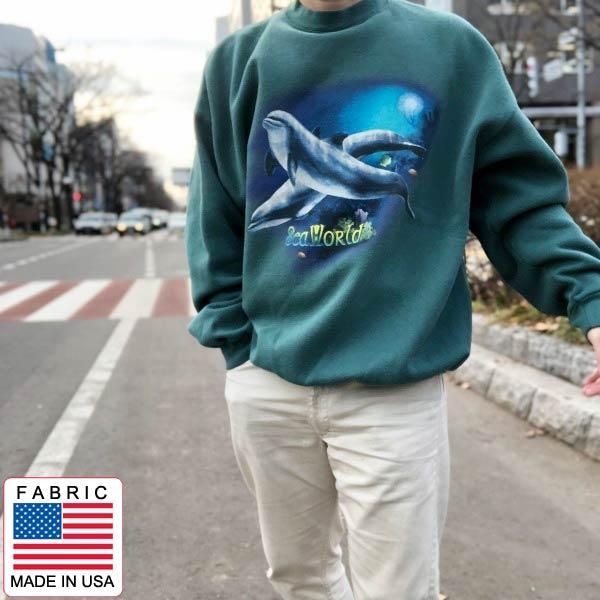 90s イルカ柄 Sea World スウェット 2XL 緑系 アニマル柄 コットンポリ