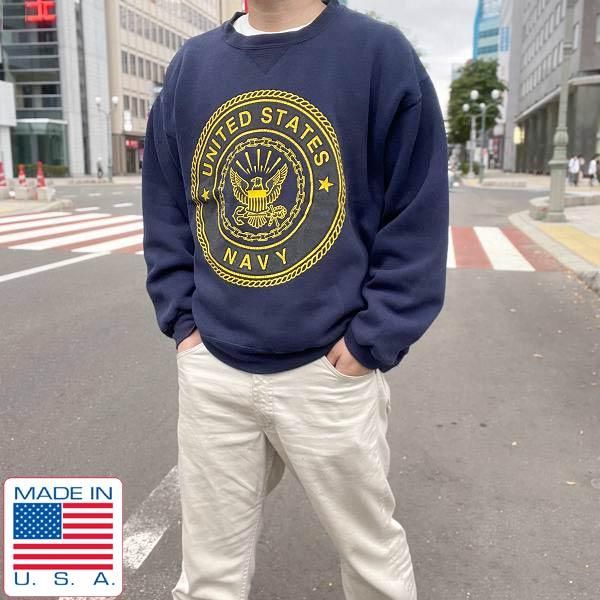 再×14入荷 プリント スウェット L トレーナー ネイビー USA - 通販