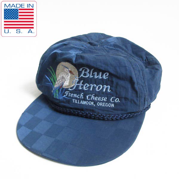 80s USA製 鳥刺繍 blue heron 青サギ キャップ 格子柄 紺系 IMPERIAL HEADWEAR アメリカ製 ビンテージ D147