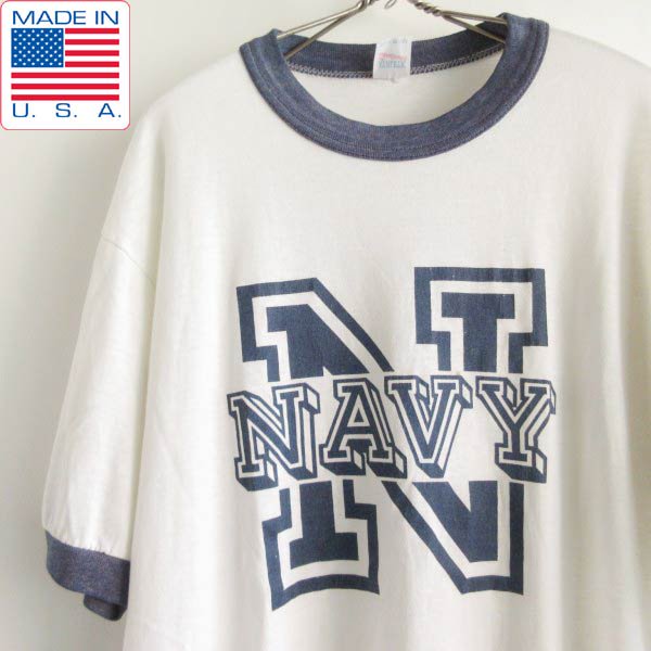 80s USA製 実物 米軍 NAVY 半袖 リンガー Tシャツ 白×紺系 M-L