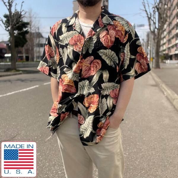 USA製 RJC ボタニカル柄 半袖 アロハ シャツ 2XL 黒ベース XXL 