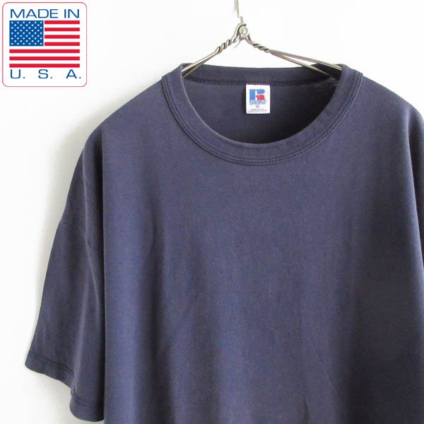 90s USA製 ラッセル 無地 半袖Tシャツ ネイビー XL 紺 コットン クルーネック バインダーネック アメリカ製 ビンテージ D148