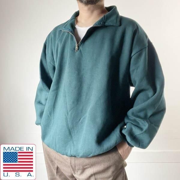 新品 90s USA製 JERZEES 無地 ハーフジップ スウェット XL グリーン