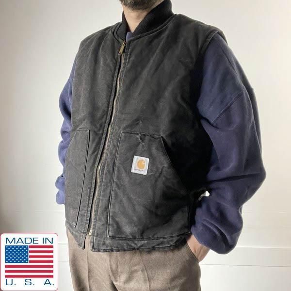 古着 USA製 カーハート ダックベスト ジャケット 腰ゴム ブラック 黒 ① 古着 USA製 カーハート ダックベスト ジャケット 腰ゴム ブラック 黒 ①