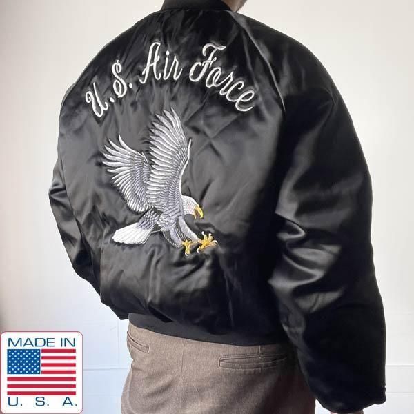 新品 80s-90s USA製 US AIR FORCE サテン スタジャン 黒 L程度 ブラック 両面刺繍 King Louie USAF デッドストック D152