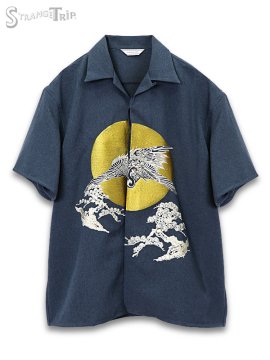 <strong>STRANGE TRIP</strong>Crane Embroidery Open collar Shirts<br>INDIGO